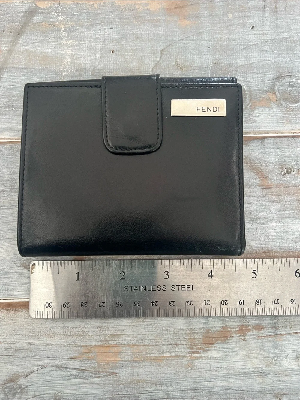 Vintage FENDI Black Leather Bifold Wallet with Silver-Tone Logo — Original Box
